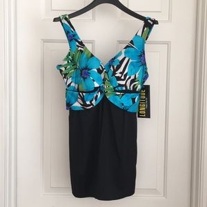 New Longitude Women's Swimsuit 10 Black Blue Tropical One piece Flattering NWT